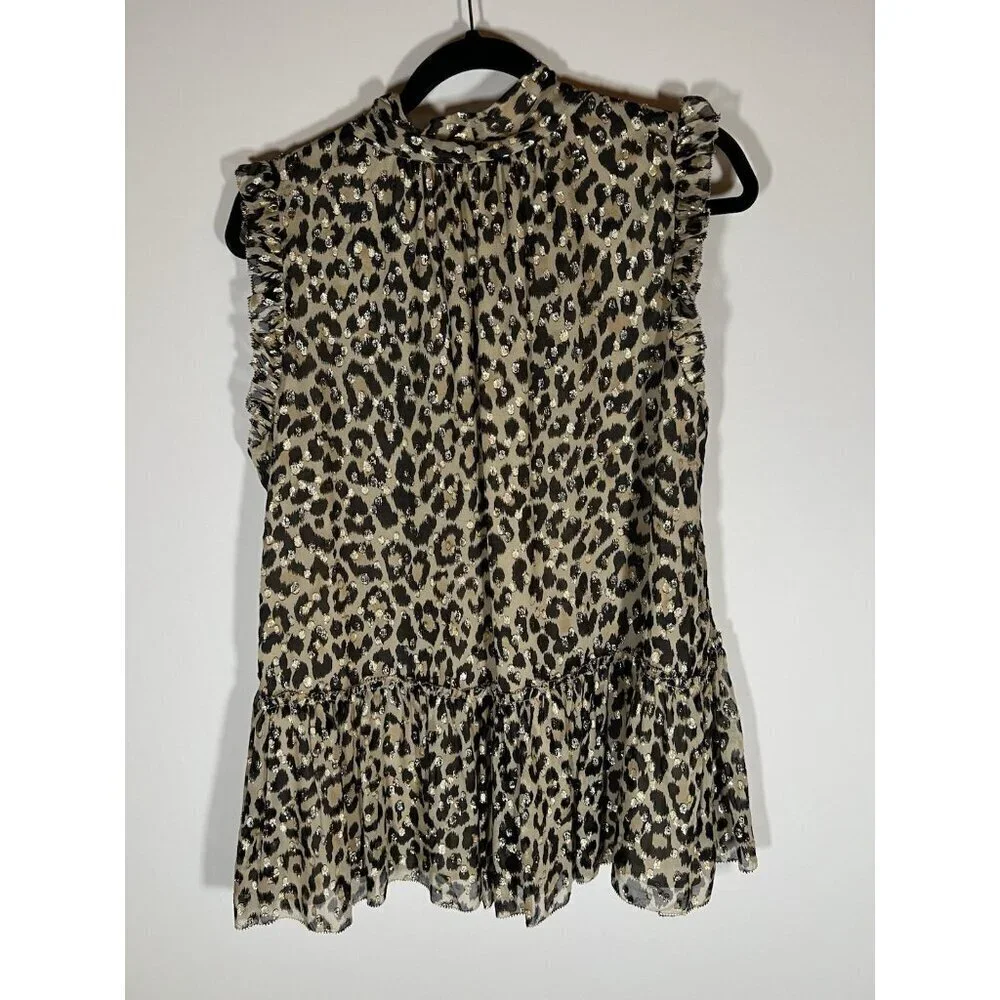KATE SPADE leopard animal print metallic ruffle sleeveless blouse peplum tie L